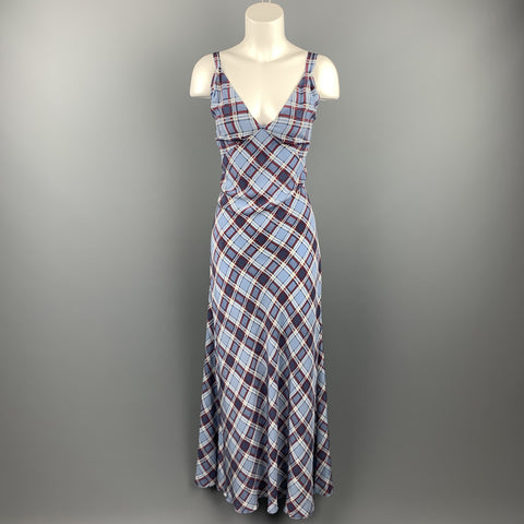 MARC JACOBS Size 8 Blue Plaid Silk Long Maxi Double Strap Dress