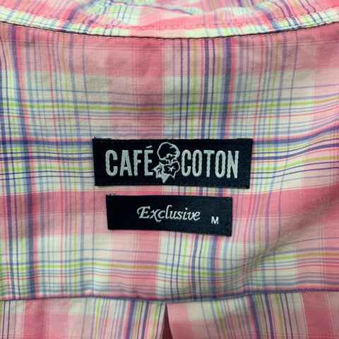 CAFE COTON Size M Pink White Plaid Cotton Short Sleeve Shirt