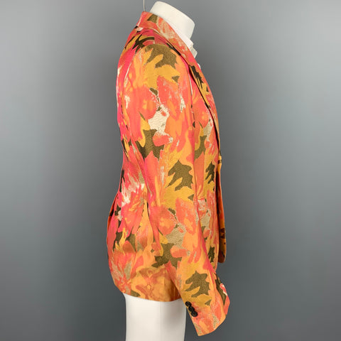 DRIES VAN NOTEN Size 38 Orange & Olive Metallic Jacquard Notch Lapel Sport Coat