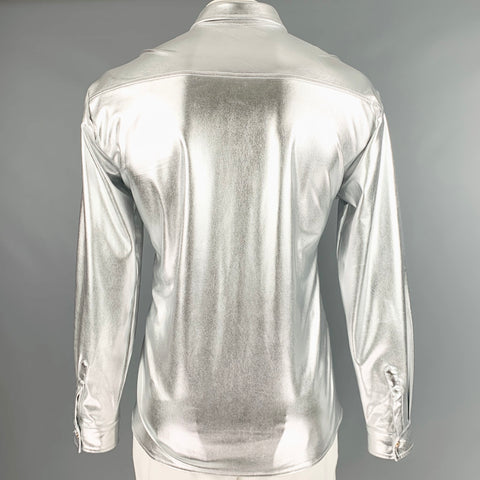 NO BRAND Size XL Silver Sequined Polyester Blend Button Up Long Sleeve Shirt
