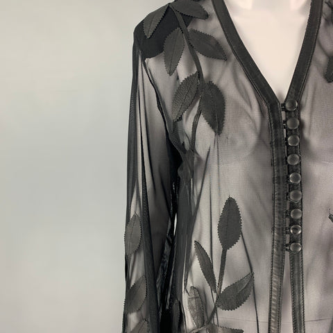 VINTAGE Taille S Maille Noire Voir à travers le cardigan en cuir