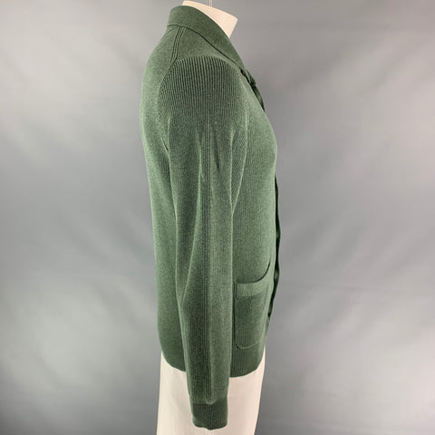 BRUNELLO CUCINELLI Size L Green Knitted Cotton Shawl Collar Cardigan