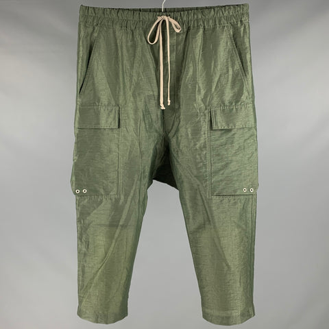 RICK OWENS SS23 Taille 34 Pantalon décontracté en nylon et lin vert à entrejambe bas