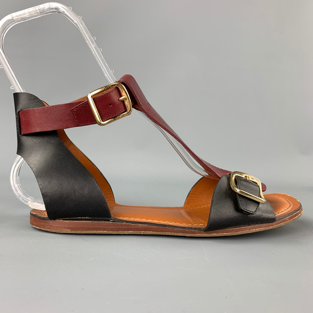 CELINE Size 9 Burgundy & Black Leather Gladiator Sandals