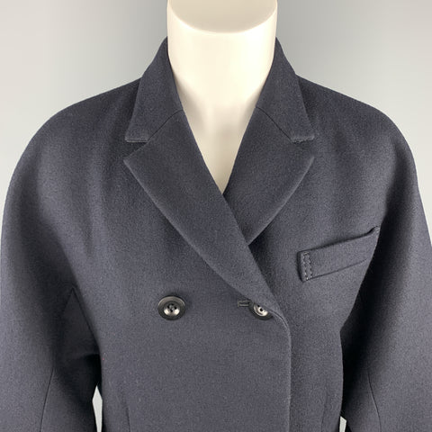 SACAI Size L Navy Wool Notch Lapel Hidden Button Leather Belted Panel Coat
