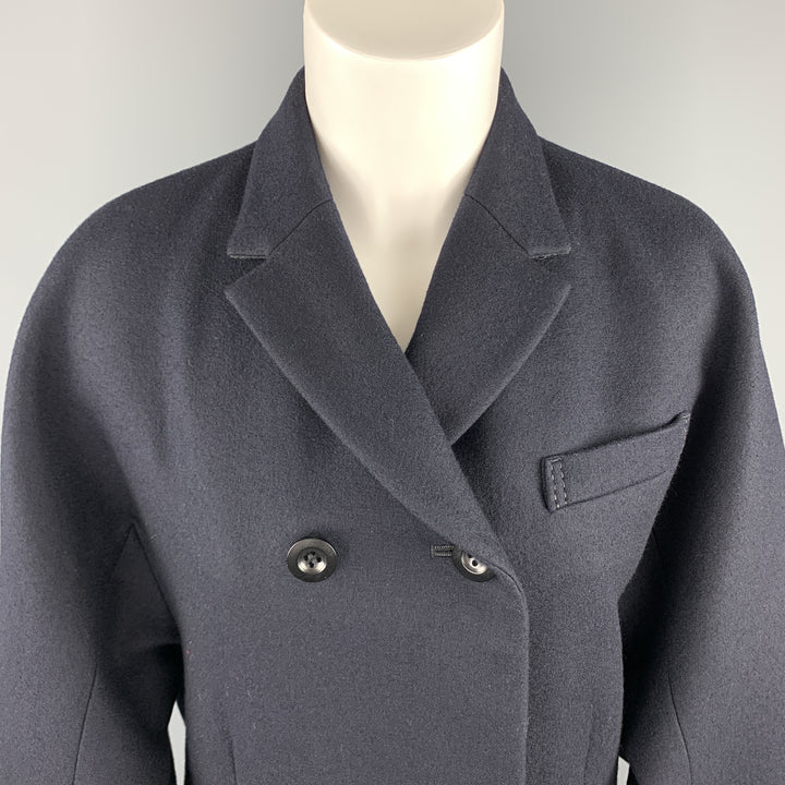 SACAI Abrigo con panel de cuero con botones ocultos y solapa de muesca de lana azul marino talla L