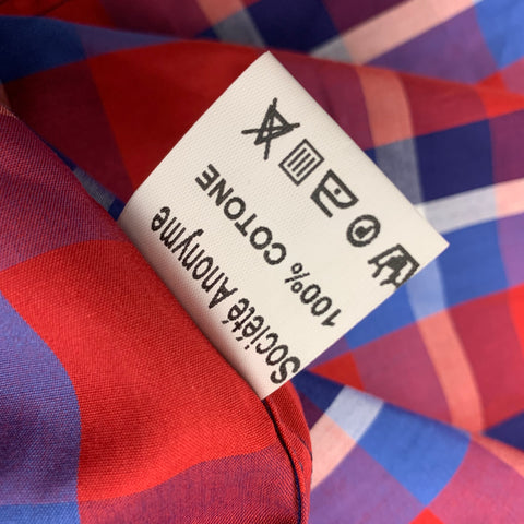 SOCIETE ANONYME Taille XL Chemise à manches courtes en coton à carreaux rouge et bleu