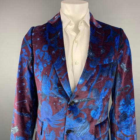 PAUL SMITH Size 40 Burgundy & Blue Print Velvet Notch Lapel Sport Coat