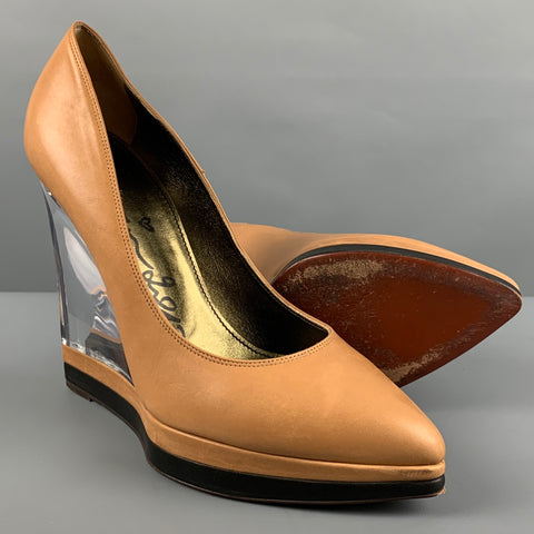 LANVIN Talla 9.5 Zapatos de tacón con cuña de cuero transparente beige