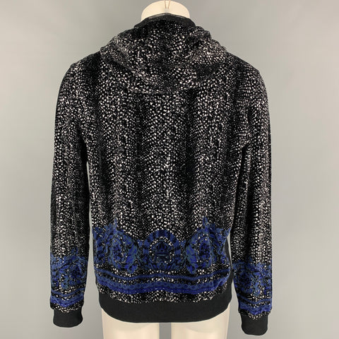 VERSACE Size L Black & White Velvet Cotton / Polyamide Hooded Cardigan