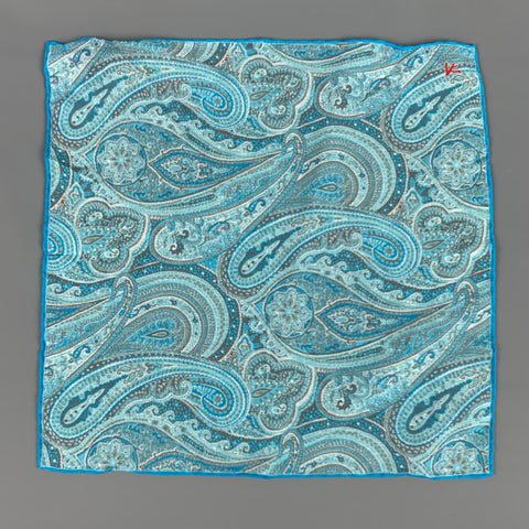 ISAIA Turquoise Taupe Paisley Cotton Silk Pocket Square