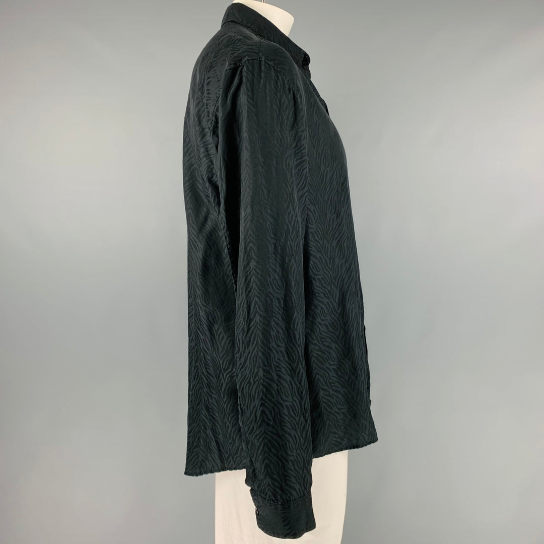 ROBERTO CAVALLI Taille XL Chemise à manches longues en soie et coton imprimé animal noir