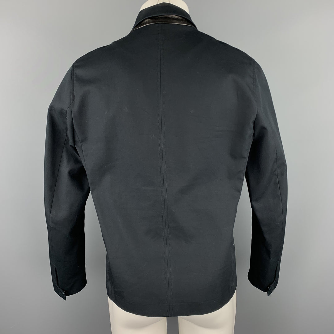 VINCE Size M Navy Leaher Trimmed Cotton Zip Up Jacket