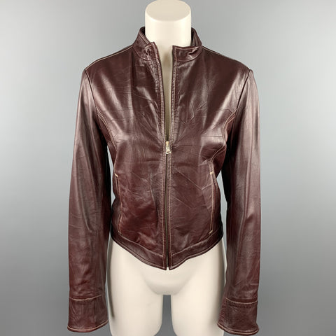 LOT78 Taille 8 Veste zippée en cuir à surpiqûres contrastées bordeaux