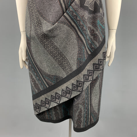 ETRO Talla 12 Vestido recto drapeado sin mangas de mezcla de lana estampada gris