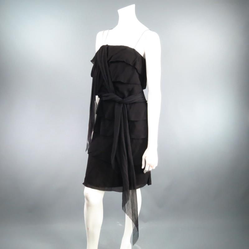 LANVIN S/S 2007 Size 8 Black Silk Tiered Ruffle Draped Tie Flounced Cocktail Dress