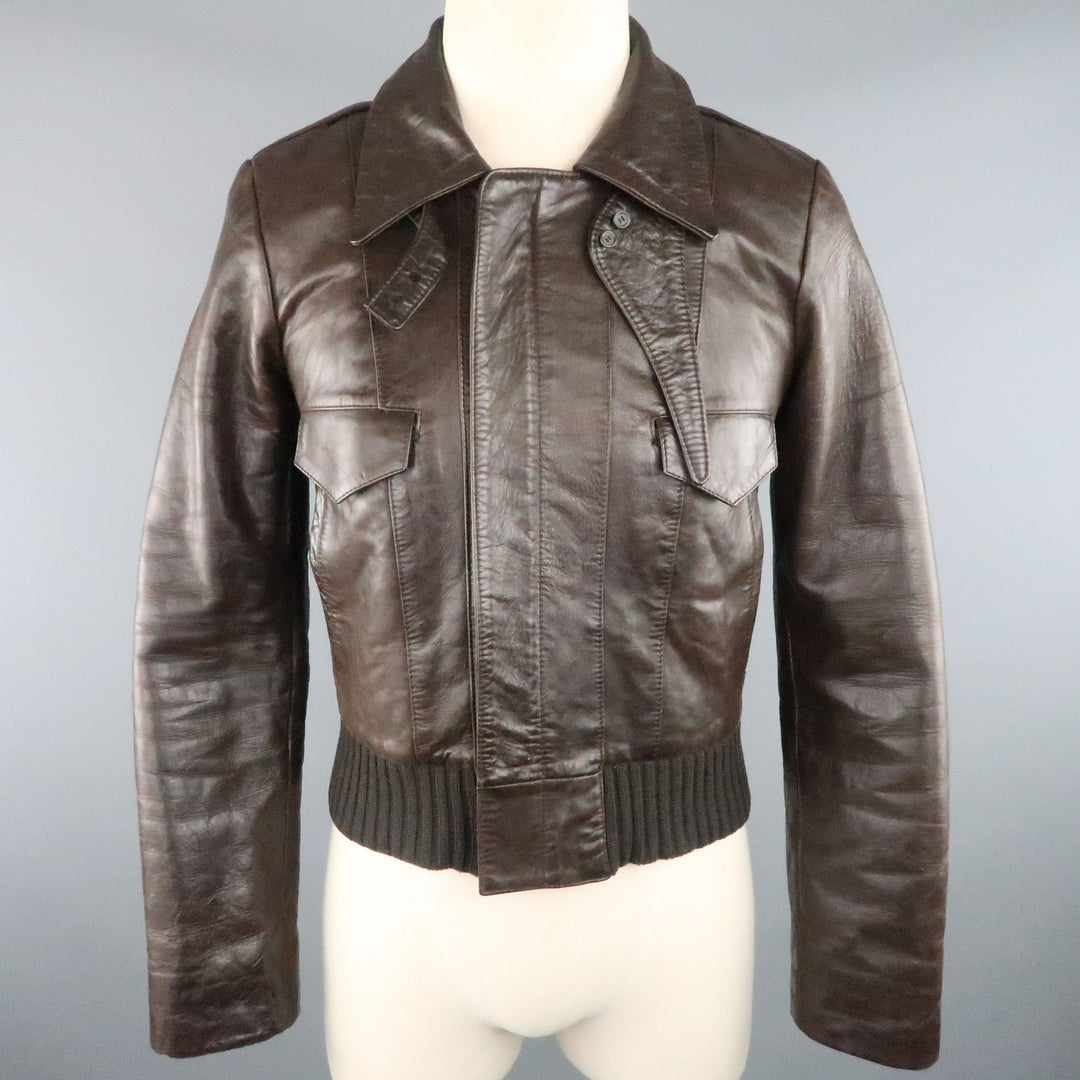 BALENCIAGA Size S Brown Leather Collared Cropped Bomber Jacket