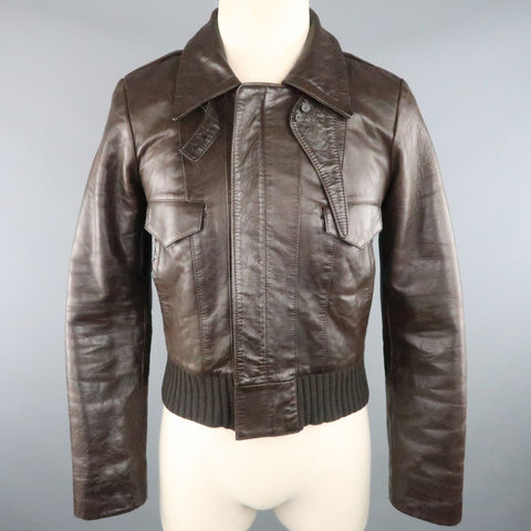 BALENCIAGA Size S Brown Leather Collared Cropped Bomber Jacket