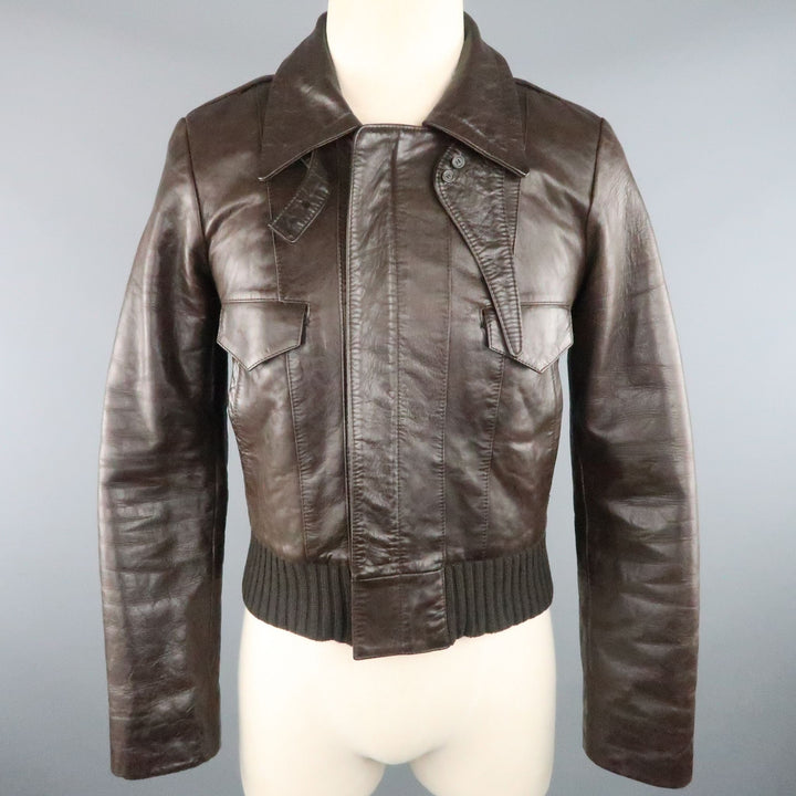 BALENCIAGA Size S Brown Leather Collared Cropped Bomber Jacket