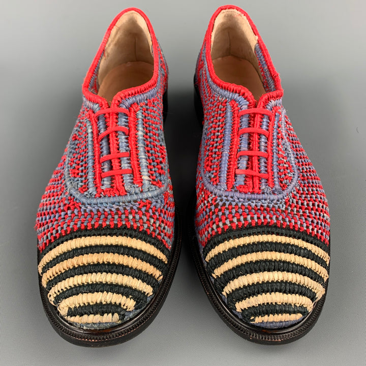 ROBERT CLERGERIE Size 7.5 Red & Blue Hand Woven Raffia Moccasins