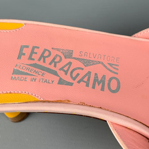 SALVATORE FERRAGAMO Talla 9 Sandalias de tacón de gatito amarillo de cuero rosa