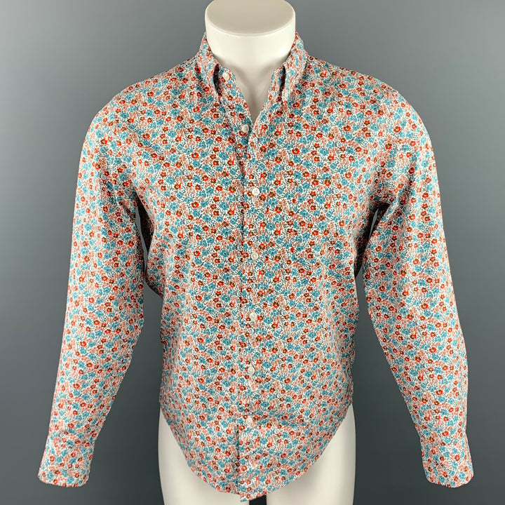 J. CREW Size S Teal & Orange Floral Cotton Button Down Long Sleeve Shirt