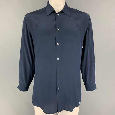 LA PERLA Size XXL Navy Silk Button Up Long Sleeve Shirt