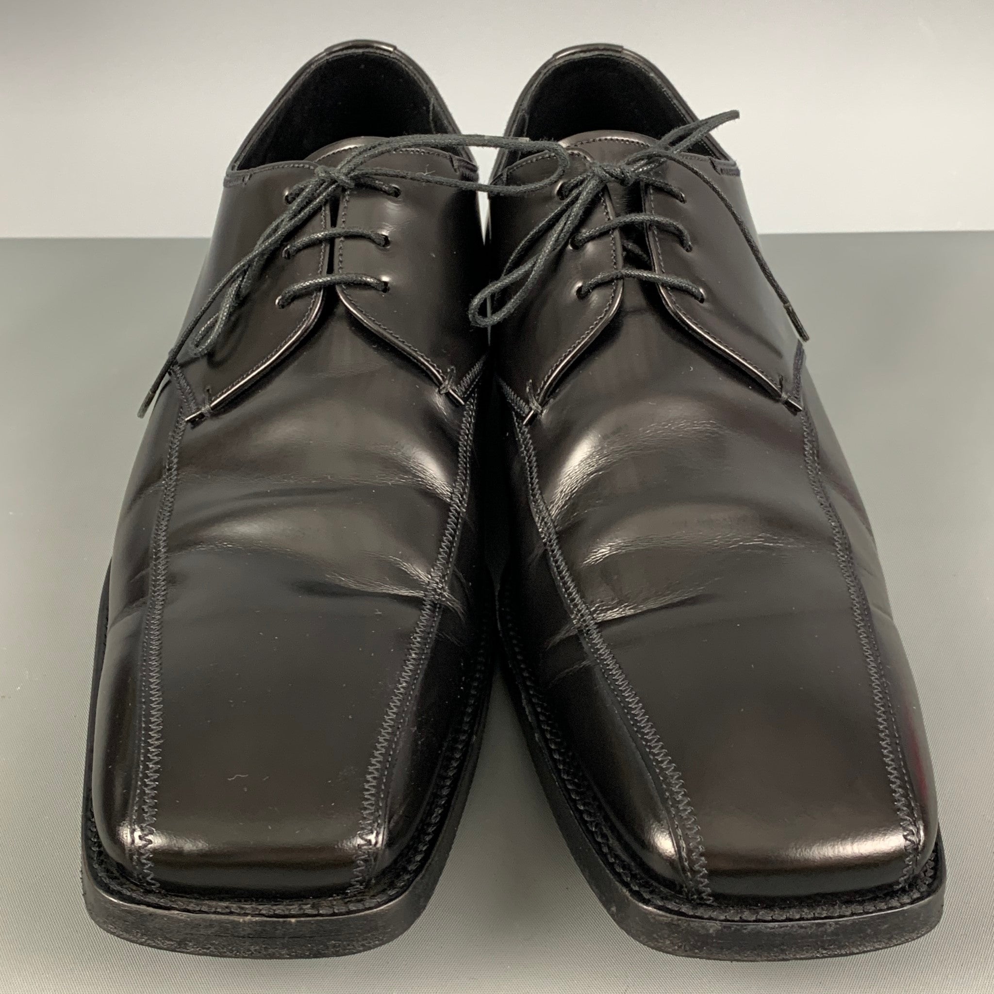 PRADA Size 10.5 Black Leather Square Toe Lace Up Shoes