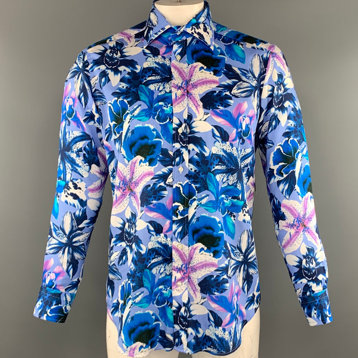 ETRO Size M Blue & Lavender Floral Cotton Button Up Long Sleeve Shirt