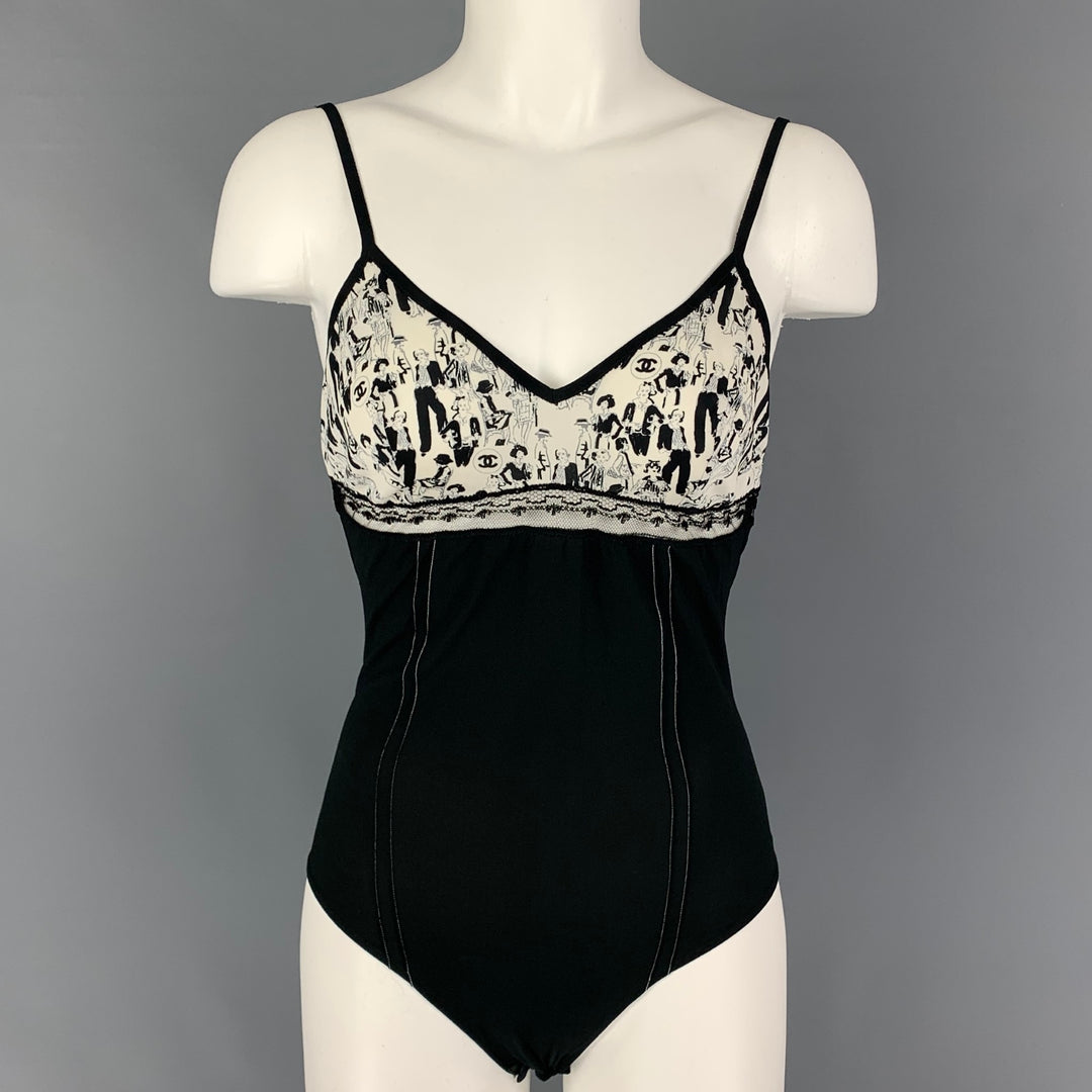 CHANEL Size 8 Black White Silk Body Suit Casual Top