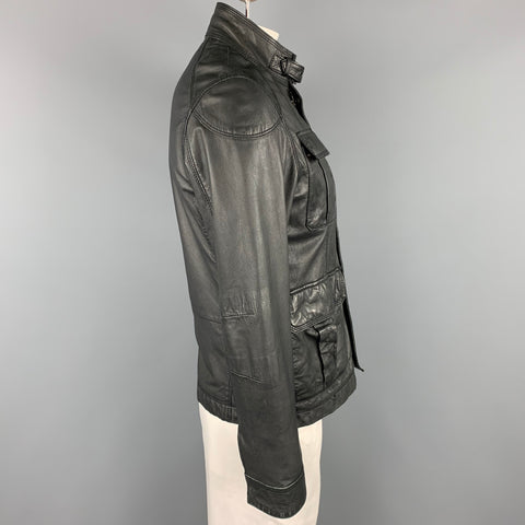 TED BAKER Size L Black Leather Zip & Snaps Zip Up Jacket