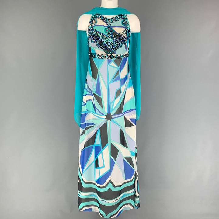 Vintage EMILIO PUCCI Size 10 Turquoise White Silk Abstract Sleeveless Cocktail Dress