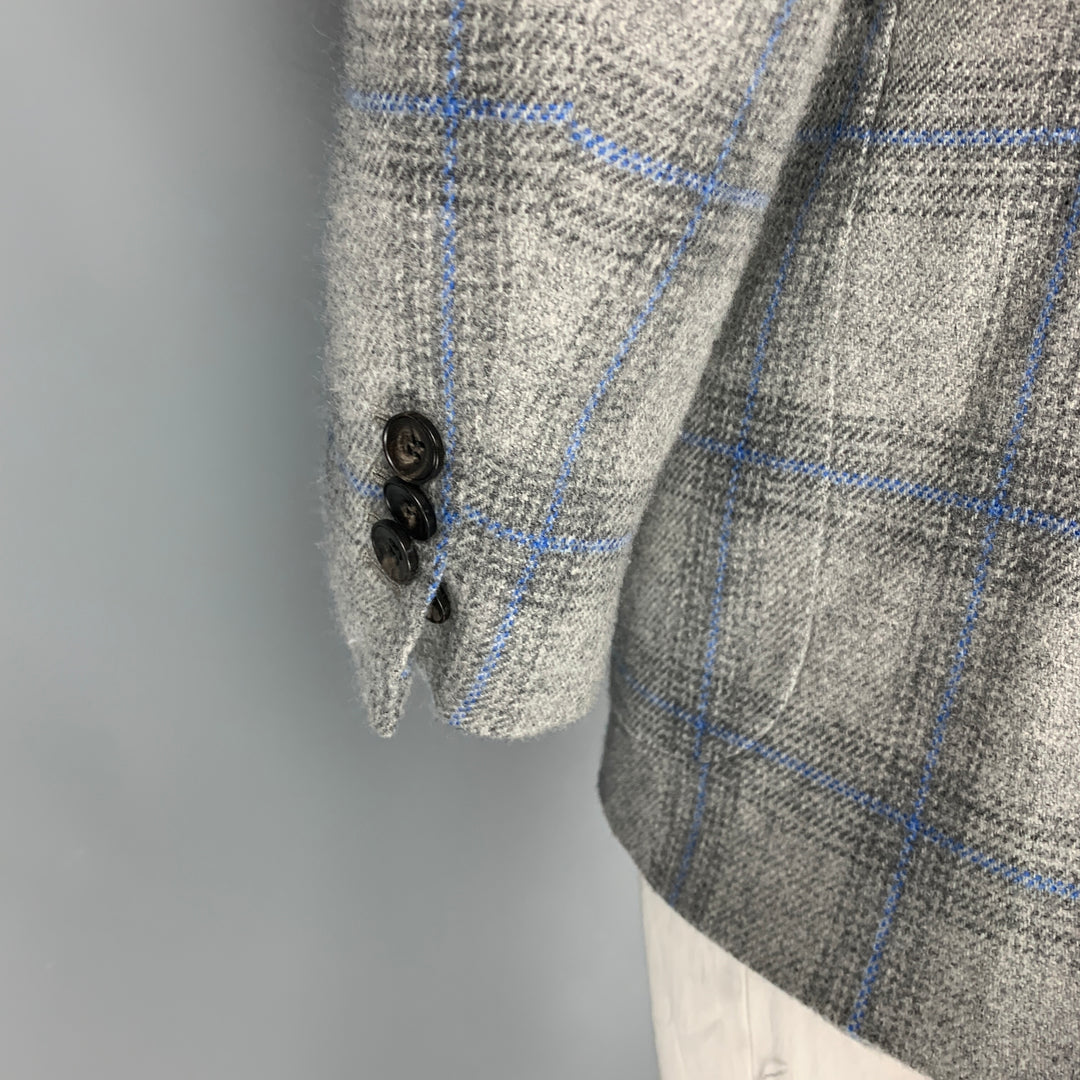 KITON Size 44 Grey Blue Plaid Cashmere Notch Lapel Sport Coat