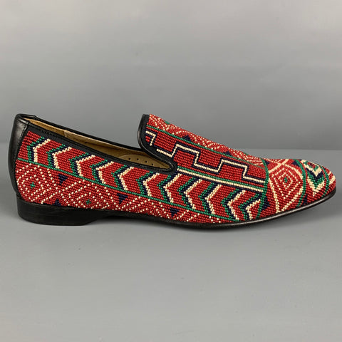 DONALD J PLINER Size 9 Red Navy Green Beaded Leather Slip On Loafers