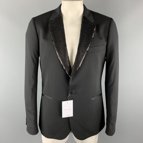 PAUL SMITH Size 44 Black Wool / Elastane Tuxedo Sequined Notch Lapel Sport Coat
