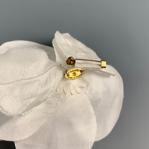 CHANEL White Silk Camelia Flower Brooch