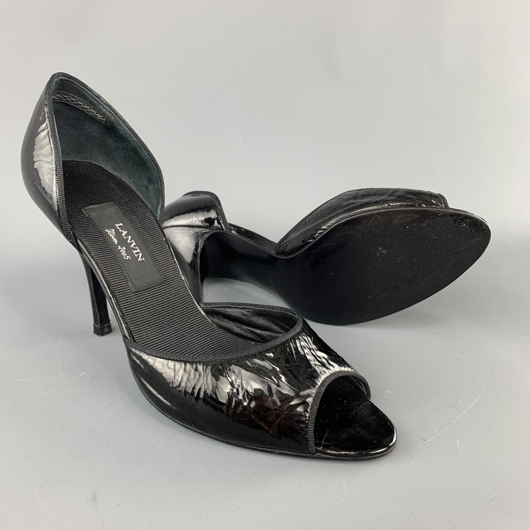LANVIN Size 7 Black Patent Leather D'Orsay Peep Toe Pumps
