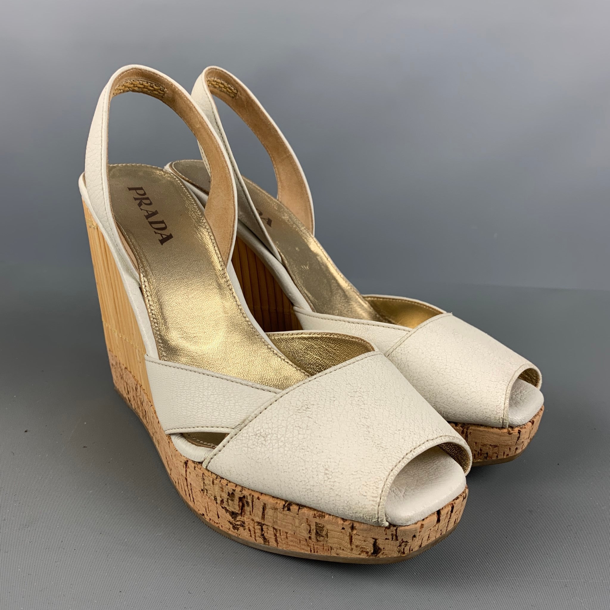 PRADA Size 6 Cream Beige Bamboo Leather Slingback Sandals Sui