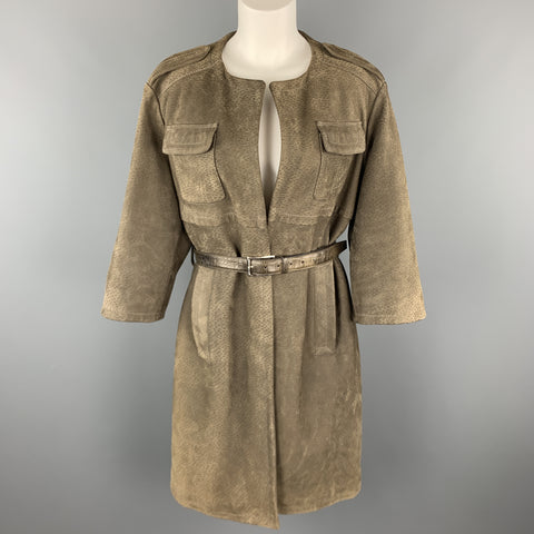 PRADA Size S Olive Green Textured Sueded Leather Alligator Belt Military Coat