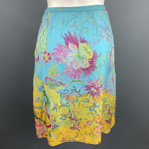 VALENTINO Size 6 Turquoise Floral Chiffon Silk A-line Skirt