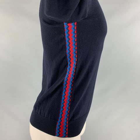 PRADA Taille S Marine Rouge Tissus Mélangés Laine Vierge Polyester Pull à Col Rond