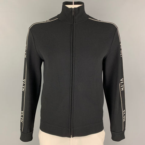 VALENTINO Size L Black White Logo Viscose Blend Zip Up Jacket