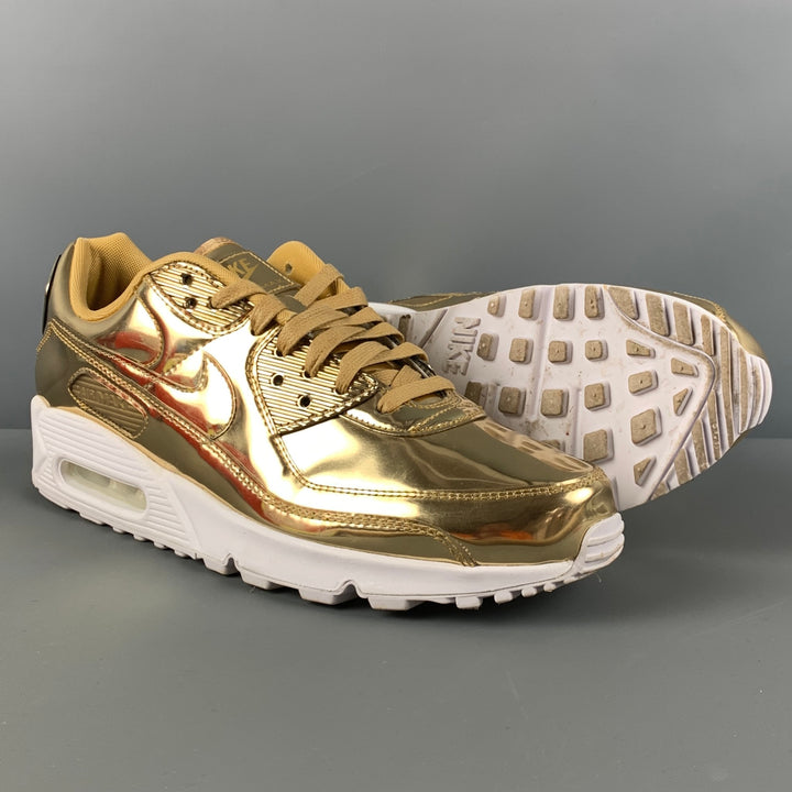 NIKE Air Max 90 Size 12 Gold Metallic Leather Lace Up Sneakers