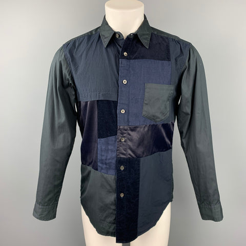 SAGE DE CRET Size S Navy Patchwork Cotton Button Up Long Sleeve Shirt
