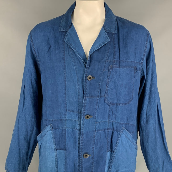 J.S. HOMESTEAD Size L Indigo Patchwork Linen Notch Lapel Coat