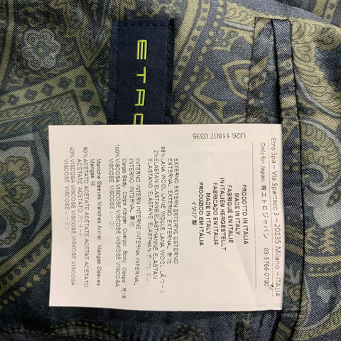 ETRO Size 38 Navy Paisley Wool  Elastane Notch Lapel 32 31 Suit
