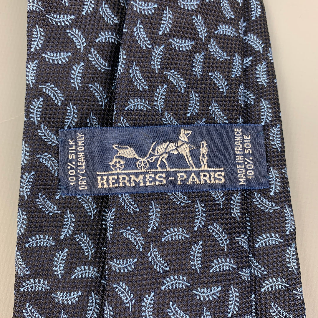HERMES Navy & Blue Silk Leaf Print Tie
