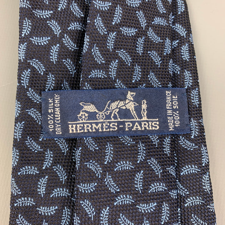 HERMES Navy & Blue Silk Leaf Print Tie