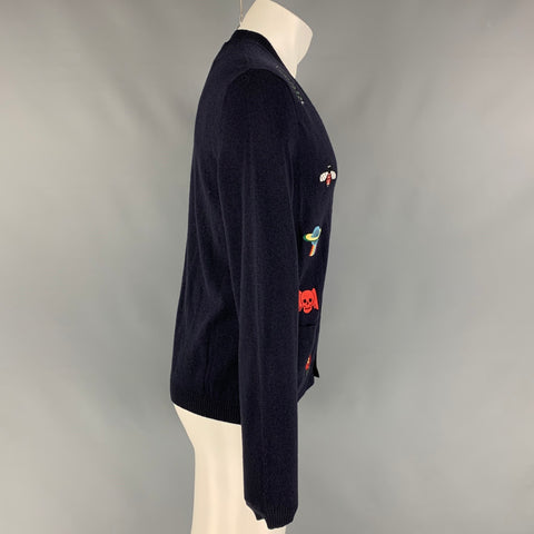 GUCCI Size L Navy Embroidery Wool V-Neck Cardigan