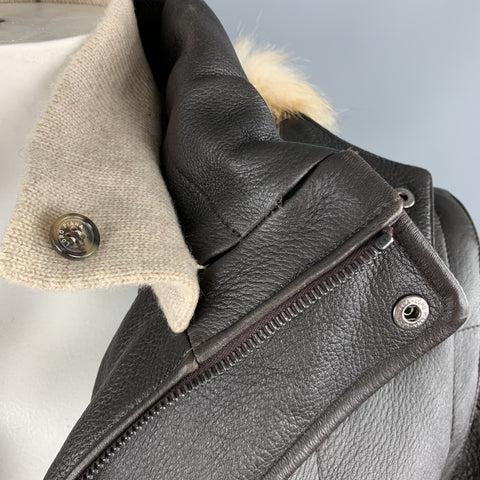 LORO PIANA Size L Brown Quilted Leather Zip Off Sleeve Fox Fur Hood Jacket